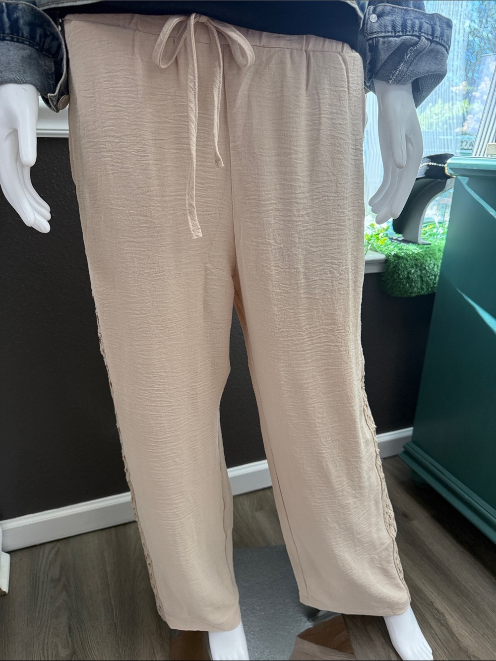 Wide Leg Drawstring Pants in Light Beige